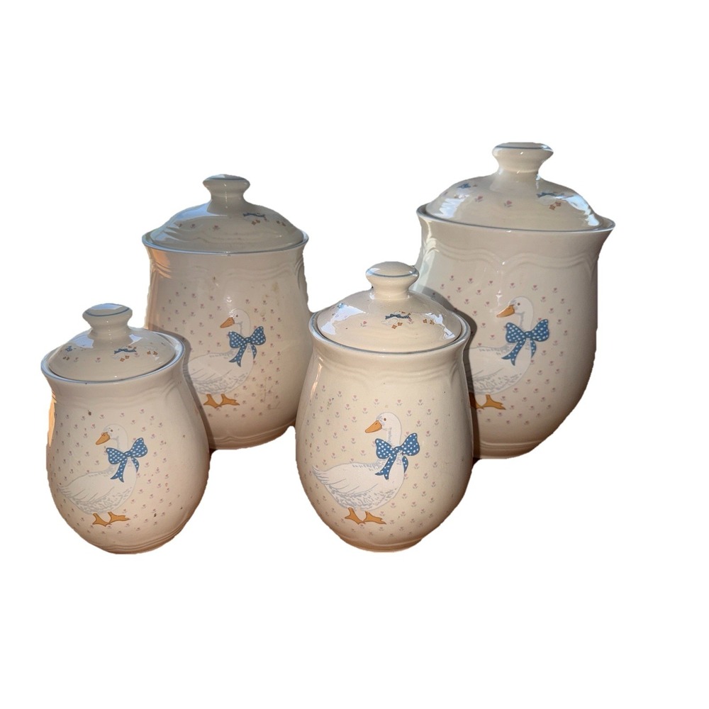 Tienshan Aunt Rhody Stoneware Canister Set Geese Blue Bows Set of 4
